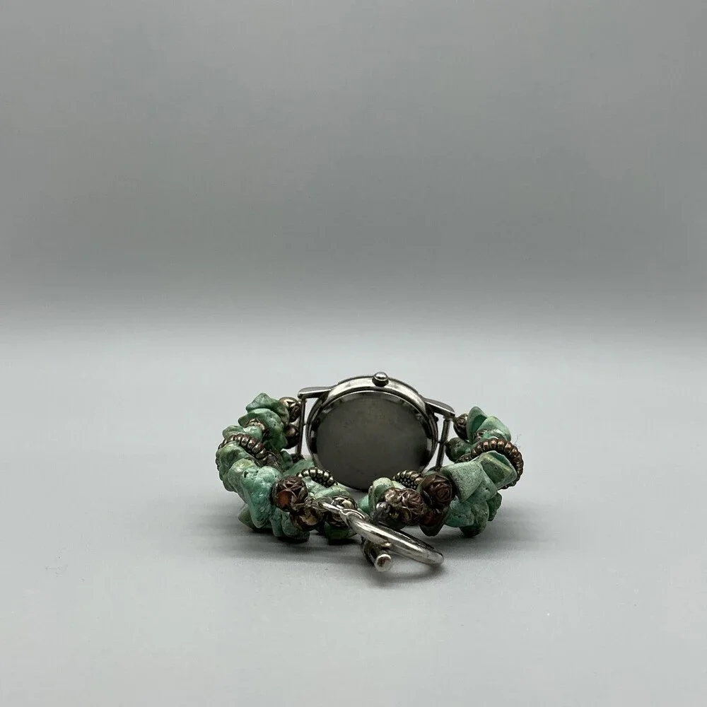 Galaxy Womens Watch 32mm Silver Tone Green Stone Beaded New Battery 7.25